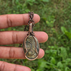 Crazy Lace Agate Gemstone Handmade Copper Wire Wrap Chain Pendant 2.16" Sunkarton