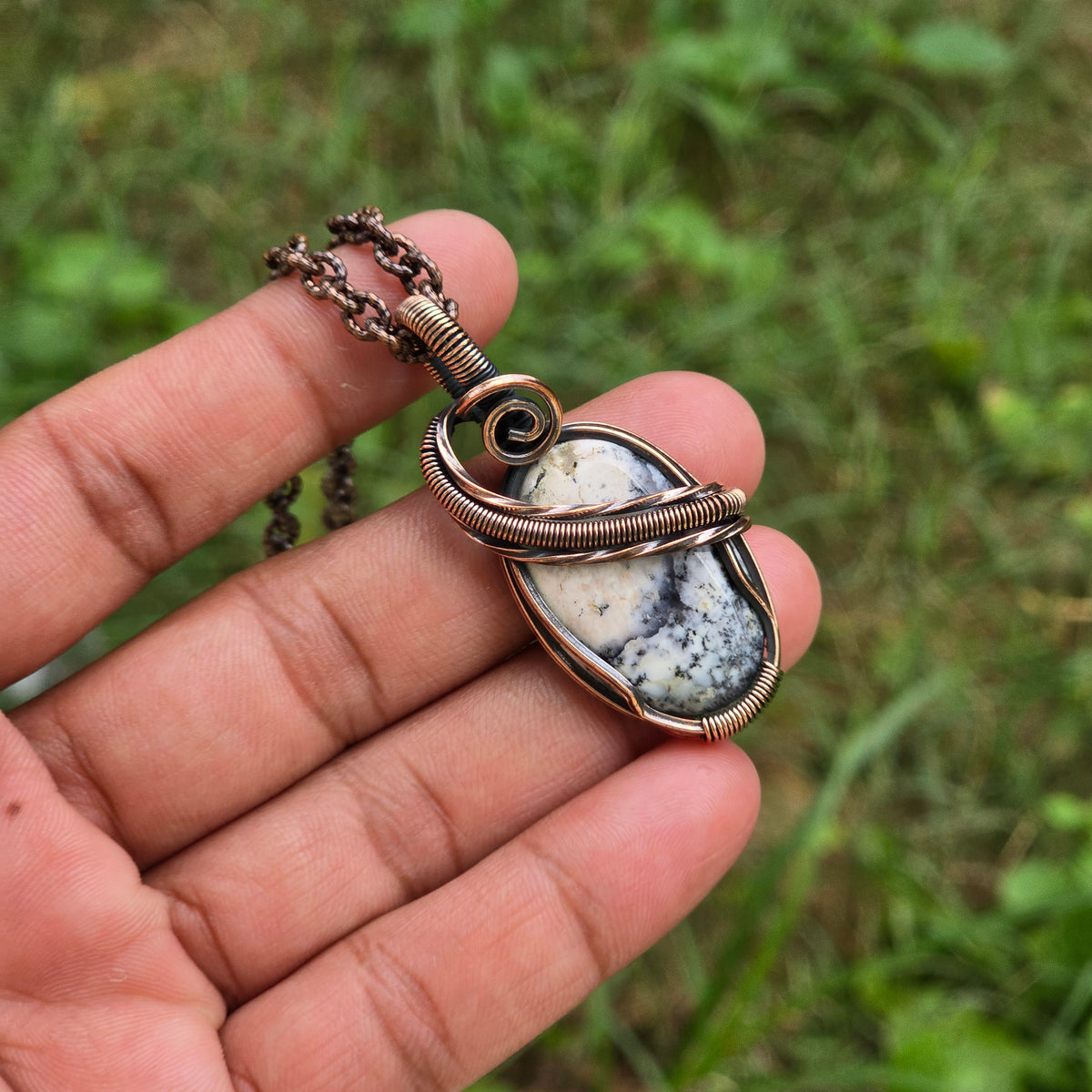 Dendrite Opal Gemstone Handmade Copper Wire Wrap Chain Pendant 1.96" Sunkarton