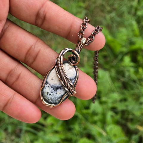 Dendrite Opal Gemstone Handmade Copper Wire Wrap Chain Pendant 1.96