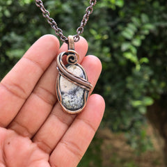 Dendrite Opal Gemstone Handmade Copper Wire Wrap Chain Pendant 1.96" Sunkarton