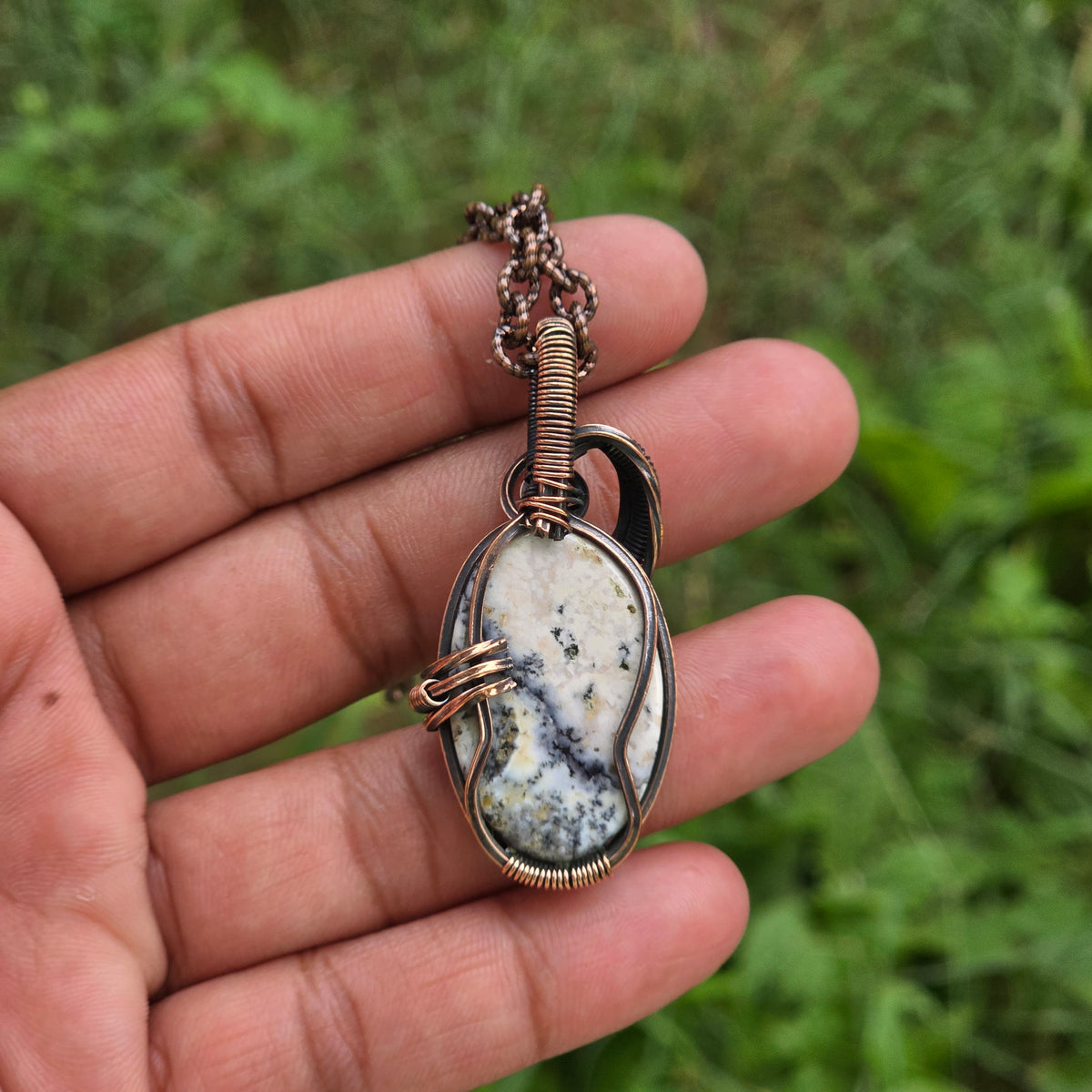 Dendrite Opal Gemstone Handmade Copper Wire Wrap Chain Pendant 1.96" Sunkarton