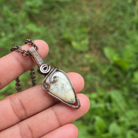 Dendrite Opal Gemstone Handmade Copper Wire Wrap Chain Pendant 2.16