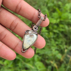 Dendrite Opal Gemstone Handmade Copper Wire Wrap Chain Pendant 2.16" Sunkarton