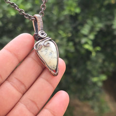 Dendrite Opal Gemstone Handmade Copper Wire Wrap Chain Pendant 2.16" Sunkarton