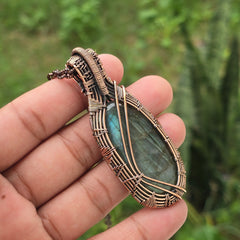 Labradorite Gemstone Handmade Copper Wire Wrap Chain Pendant 2.75" Sunkarton