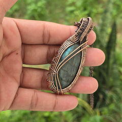 Labradorite Gemstone Handmade Copper Wire Wrap Chain Pendant 2.75" Sunkarton