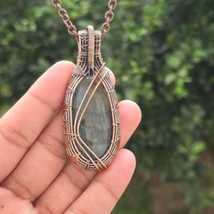 Labradorite Gemstone Handmade Copper Wire Wrap Chain Pendant 2.75" Sunkarton