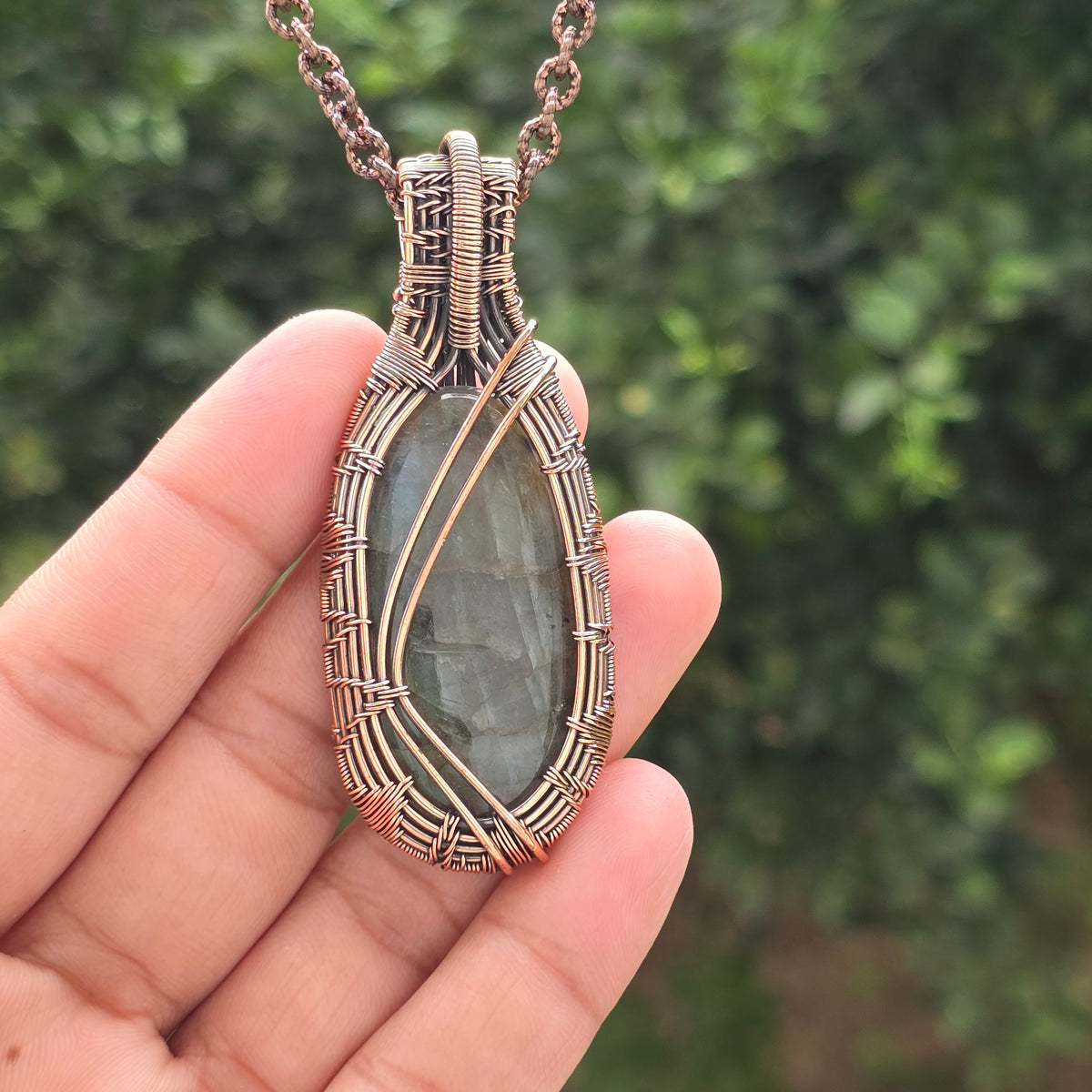 Labradorite Gemstone Handmade Copper Wire Wrap Chain Pendant 2.75" Sunkarton