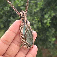 Labradorite Gemstone Handmade Copper Wire Wrap Chain Pendant 2.75" Sunkarton