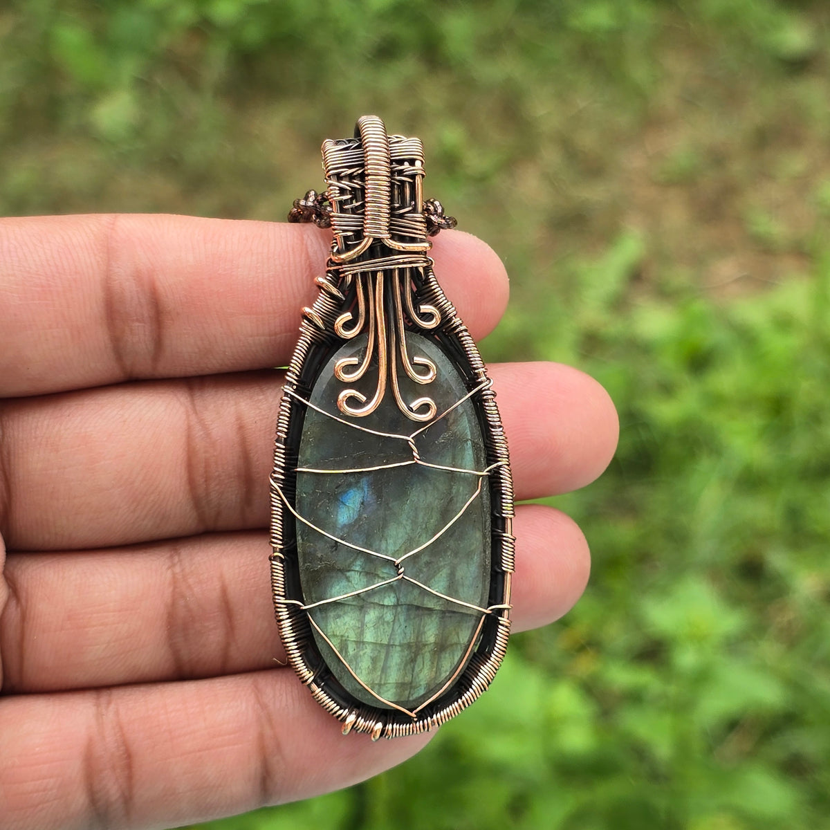 Labradorite Gemstone Handmade Copper Wire Wrap Chain Pendant 2.75" Sunkarton