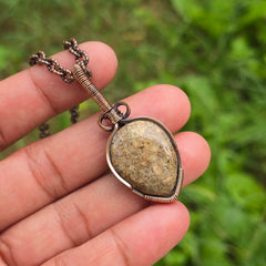 Dinosaur Bone Fossil Gemstone Handmade Copper Wire Wrap Chain Pendant 1.96" Sunkarton