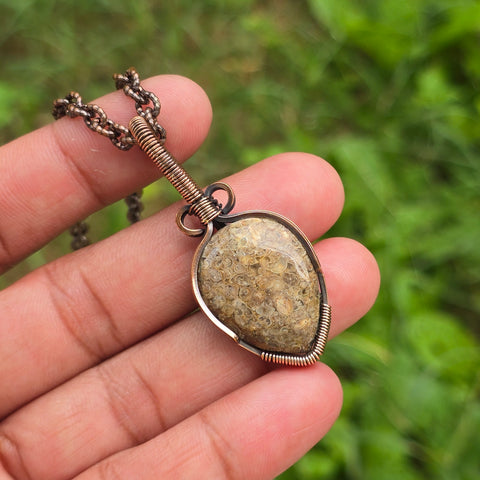 Dinosaur Bone Fossil Gemstone Handmade Copper Wire Wrap Chain Pendant 1.96