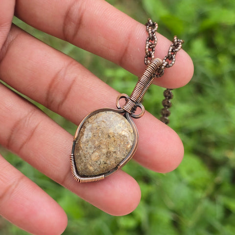 Dinosaur Bone Fossil Gemstone Handmade Copper Wire Wrap Chain Pendant 1.96