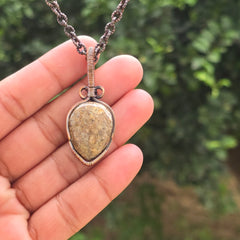 Dinosaur Bone Fossil Gemstone Handmade Copper Wire Wrap Chain Pendant 1.96" Sunkarton