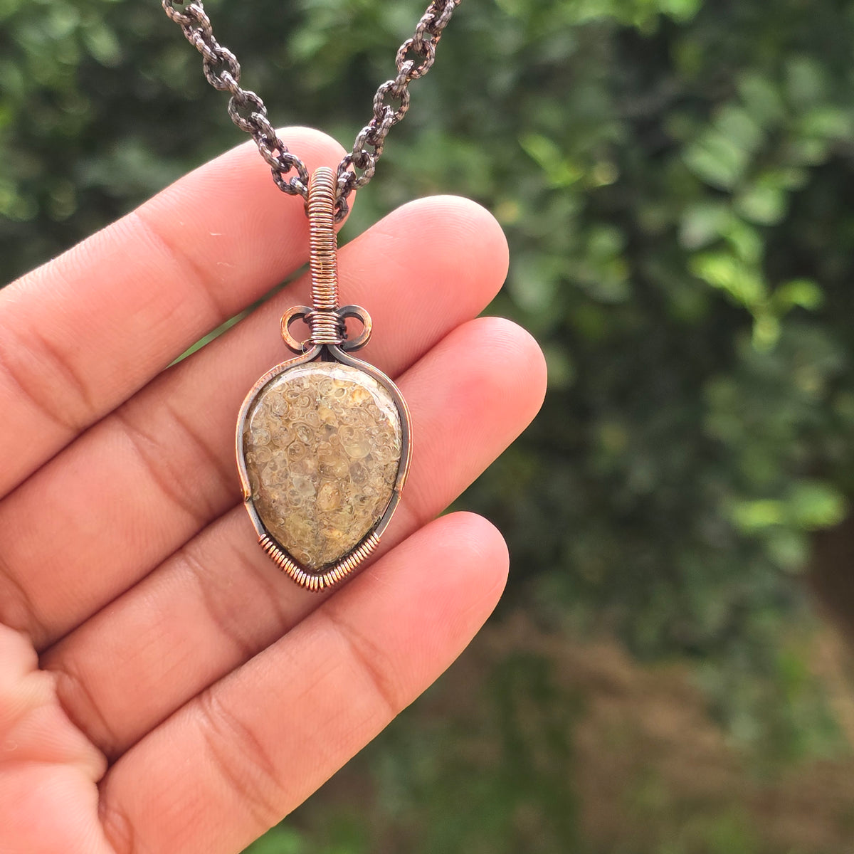 Dinosaur Bone Fossil Gemstone Handmade Copper Wire Wrap Chain Pendant 1.96" Sunkarton