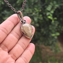 Dinosaur Bone Fossil Gemstone Handmade Copper Wire Wrap Chain Pendant 1.96" Sunkarton