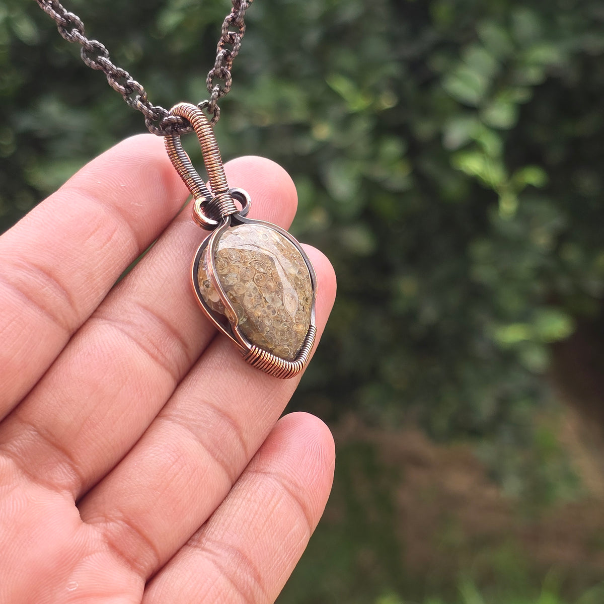 Dinosaur Bone Fossil Gemstone Handmade Copper Wire Wrap Chain Pendant 1.96" Sunkarton