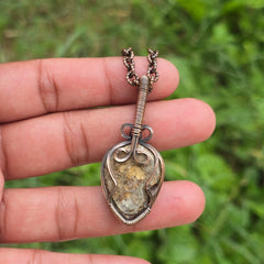 Dinosaur Bone Fossil Gemstone Handmade Copper Wire Wrap Chain Pendant 1.96" Sunkarton