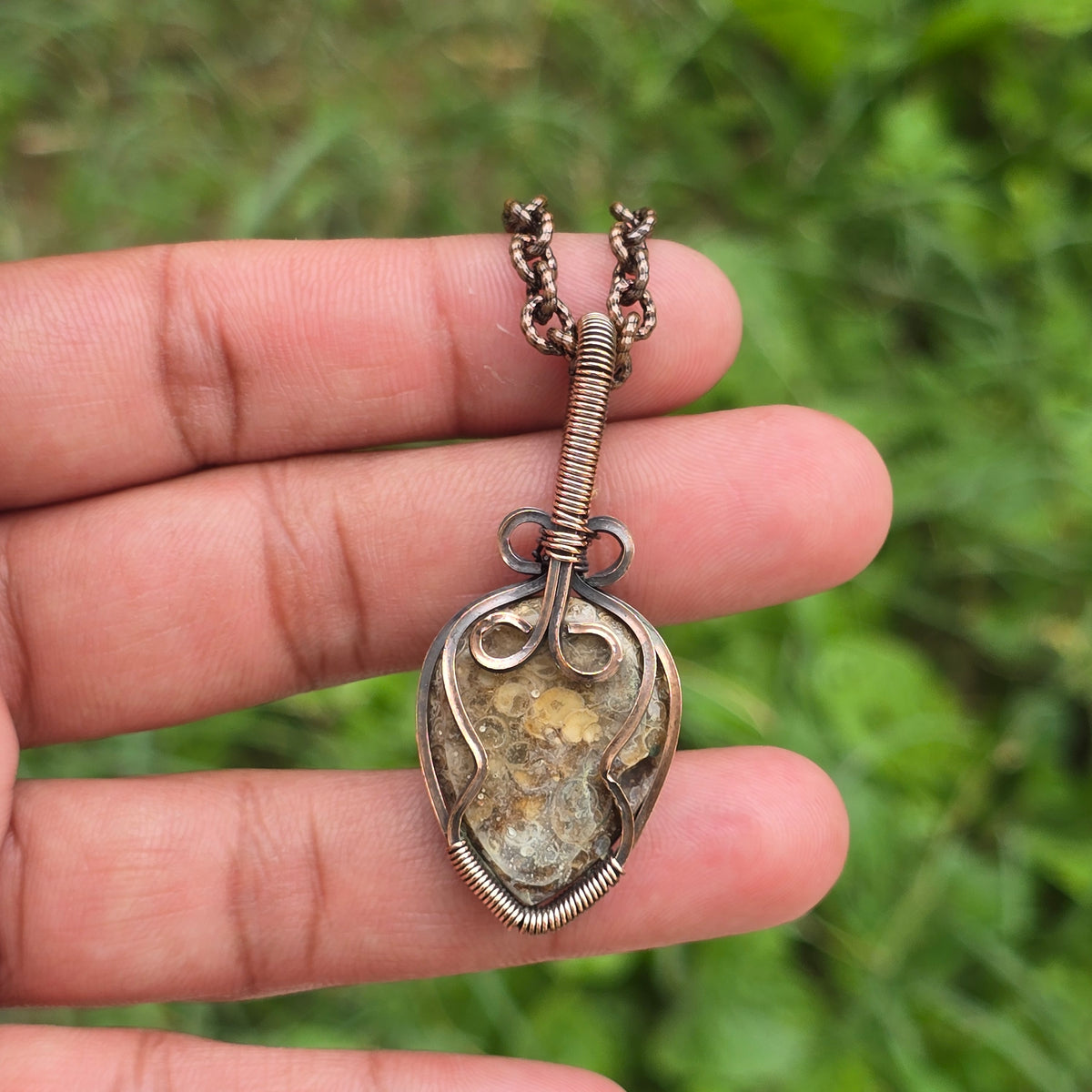 Dinosaur Bone Fossil Gemstone Handmade Copper Wire Wrap Chain Pendant 1.96" Sunkarton