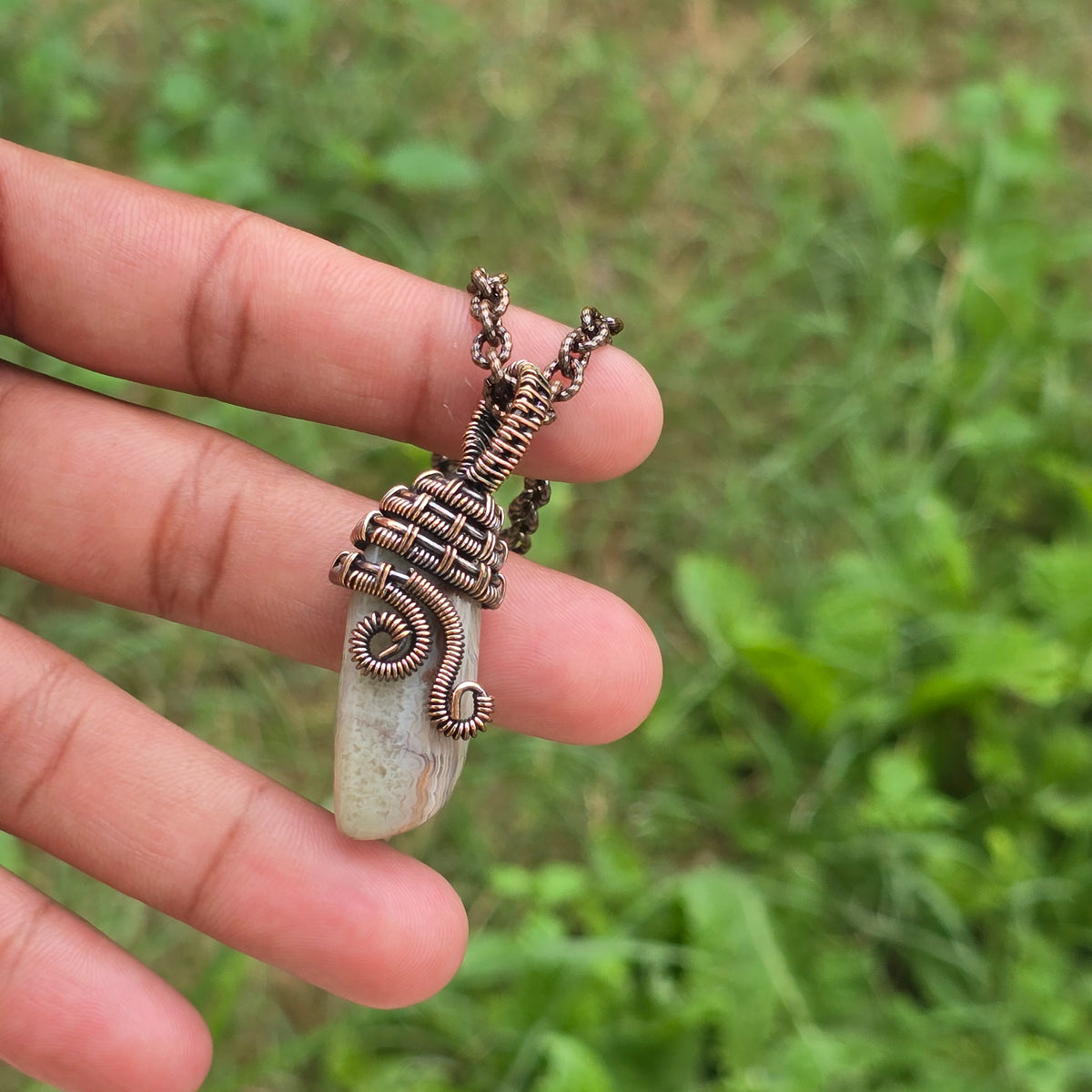 Crazy Lace Agate Gemstone Handmade Copper Wire Wrap Chain Pendant 1.96" Sunkarton