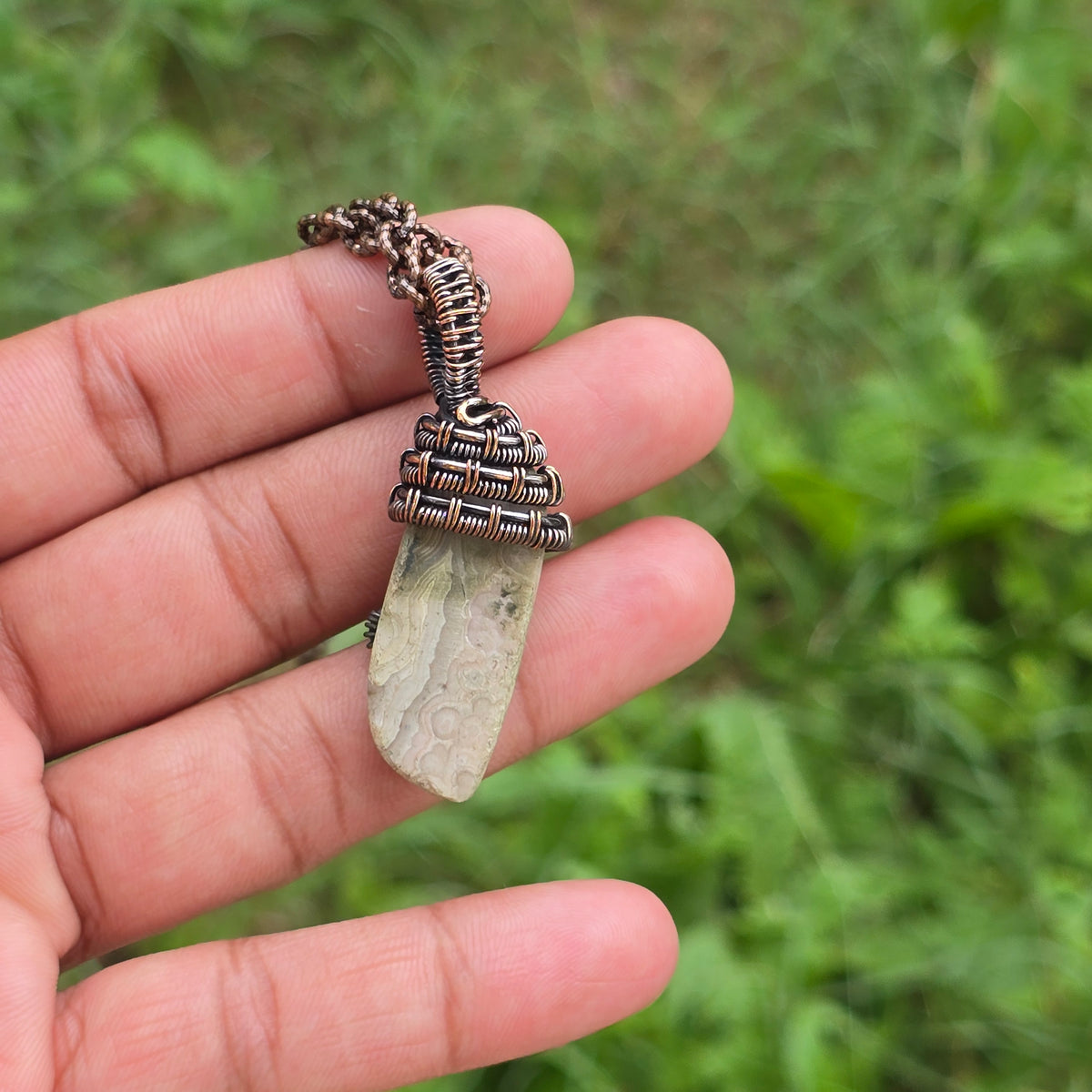 Crazy Lace Agate Gemstone Handmade Copper Wire Wrap Chain Pendant 1.96" Sunkarton