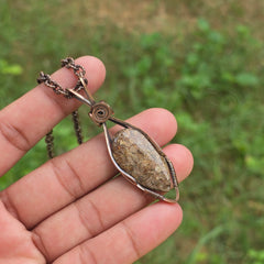 Dinosaur Bone Fossil Gemstone Handmade Copper Wire Wrap Chain Pendant 2.55" Sunkarton