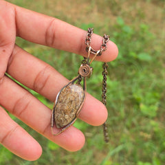 Dinosaur Bone Fossil Gemstone Handmade Copper Wire Wrap Chain Pendant 2.55" Sunkarton