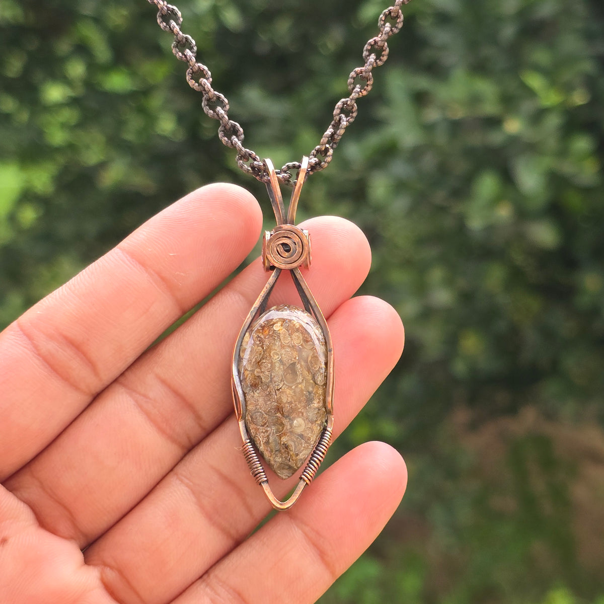 Dinosaur Bone Fossil Gemstone Handmade Copper Wire Wrap Chain Pendant 2.55" Sunkarton