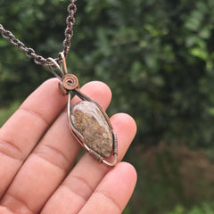 Dinosaur Bone Fossil Gemstone Handmade Copper Wire Wrap Chain Pendant 2.55" Sunkarton