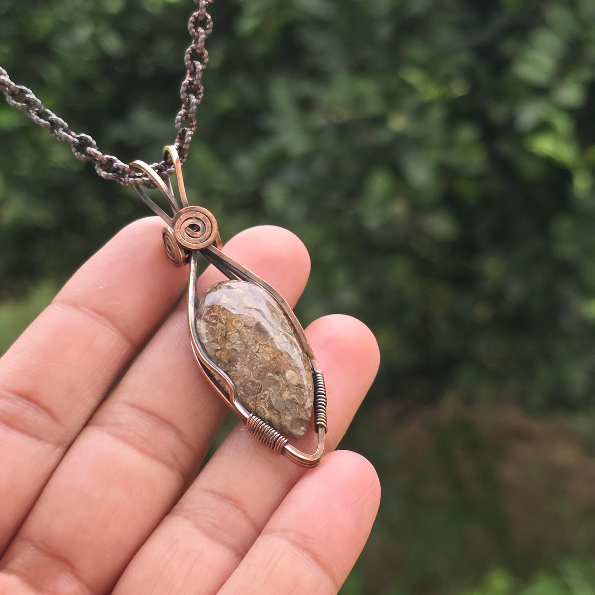 Dinosaur Bone Fossil Gemstone Handmade Copper Wire Wrap Chain Pendant 2.55" Sunkarton