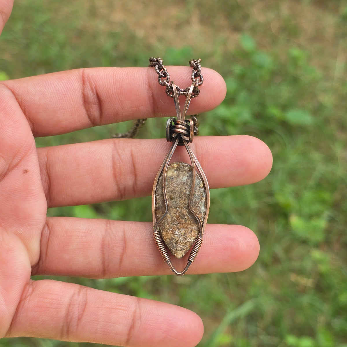 Dinosaur Bone Fossil Gemstone Handmade Copper Wire Wrap Chain Pendant 2.55" Sunkarton