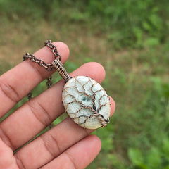 Dinosaur Bone Fossil Gemstone Handmade Copper Wire Wrap Chain Pendant 1.96" Sunkarton