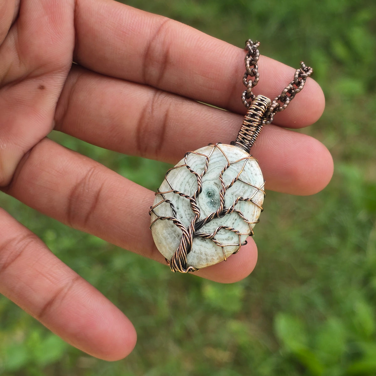 Dinosaur Bone Fossil Gemstone Handmade Copper Wire Wrap Chain Pendant 1.96" Sunkarton