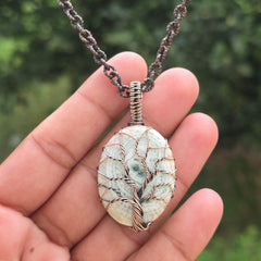 Dinosaur Bone Fossil Gemstone Handmade Copper Wire Wrap Chain Pendant 1.96" Sunkarton