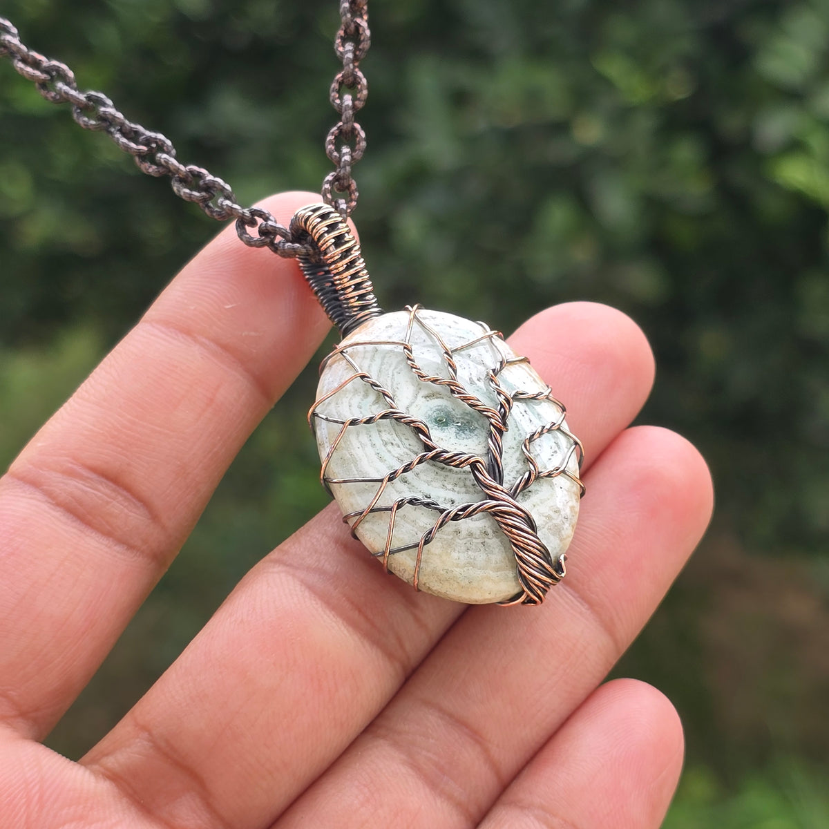 Dinosaur Bone Fossil Gemstone Handmade Copper Wire Wrap Chain Pendant 1.96" Sunkarton