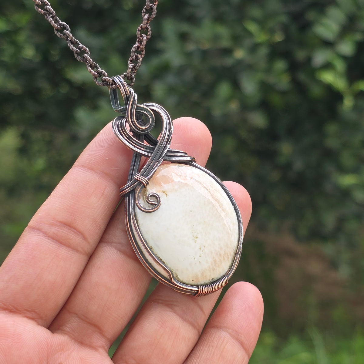 Crazy Lace Agate Gemstone Handmade Copper Wire Wrap Chain Pendant 2.75" Sunkarton