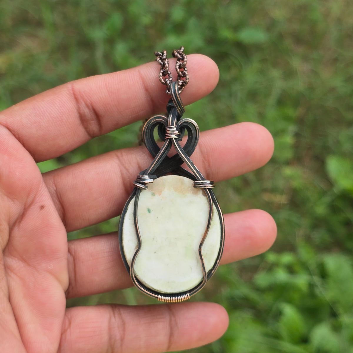 Crazy Lace Agate Gemstone Handmade Copper Wire Wrap Chain Pendant 2.75" Sunkarton