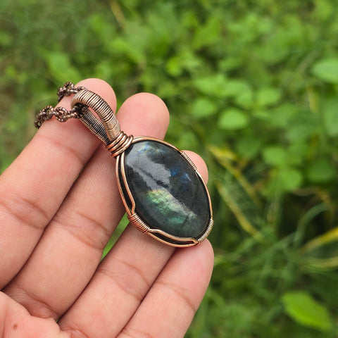 Labradorite Gemstone Handmade Copper Wire Wrap Chain Pendant 2.36" Sunkarton