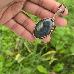 Labradorite Gemstone Handmade Copper Wire Wrap Chain Pendant 2.36" Sunkarton