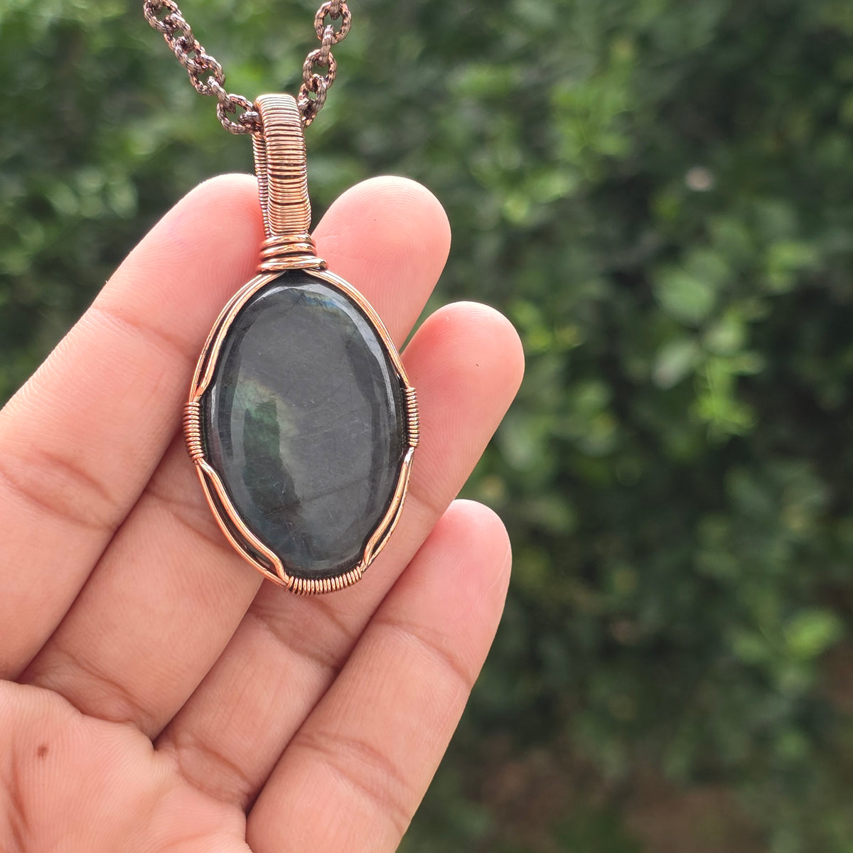 Labradorite Gemstone Handmade Copper Wire Wrap Chain Pendant 2.36" Sunkarton