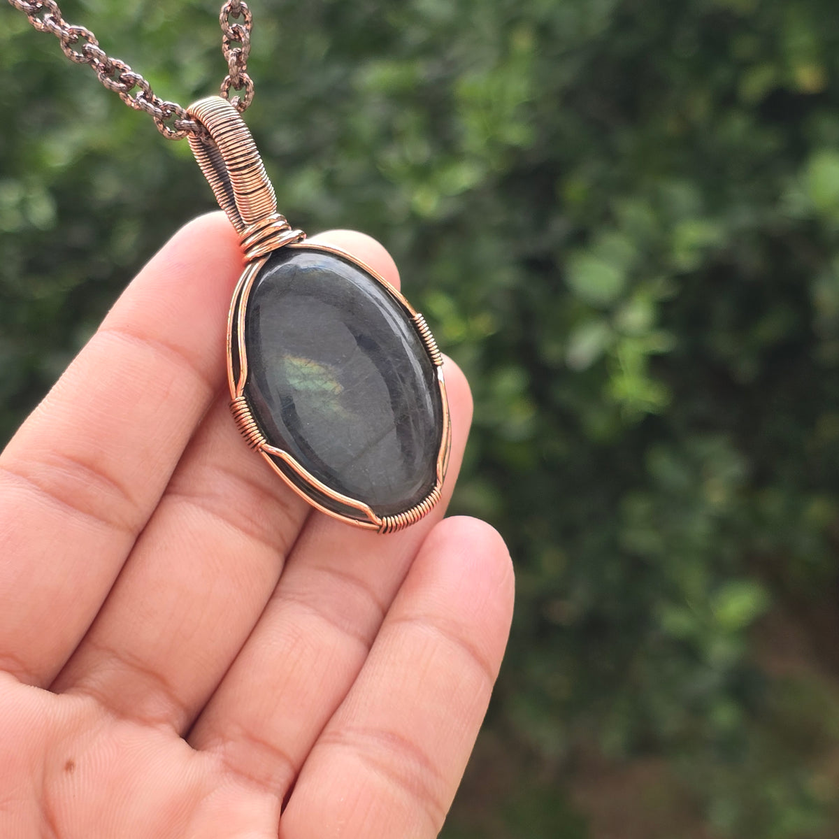 Labradorite Gemstone Handmade Copper Wire Wrap Chain Pendant 2.36" Sunkarton