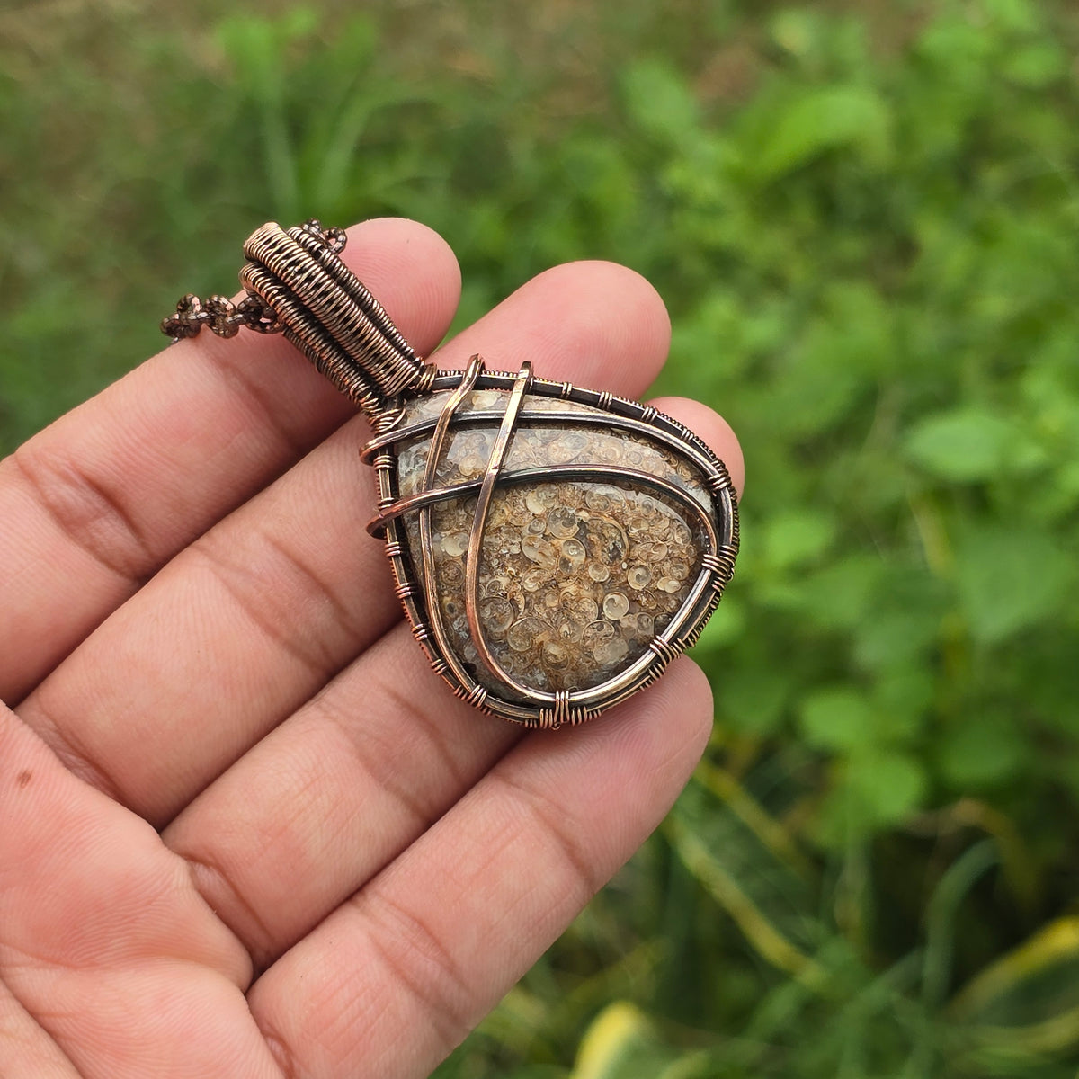 Dinosaur Bone Fossil Gemstone Handmade Copper Wire Wrap Chain Pendant 2.36" Sunkarton