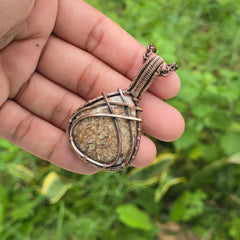 Dinosaur Bone Fossil Gemstone Handmade Copper Wire Wrap Chain Pendant 2.36" Sunkarton