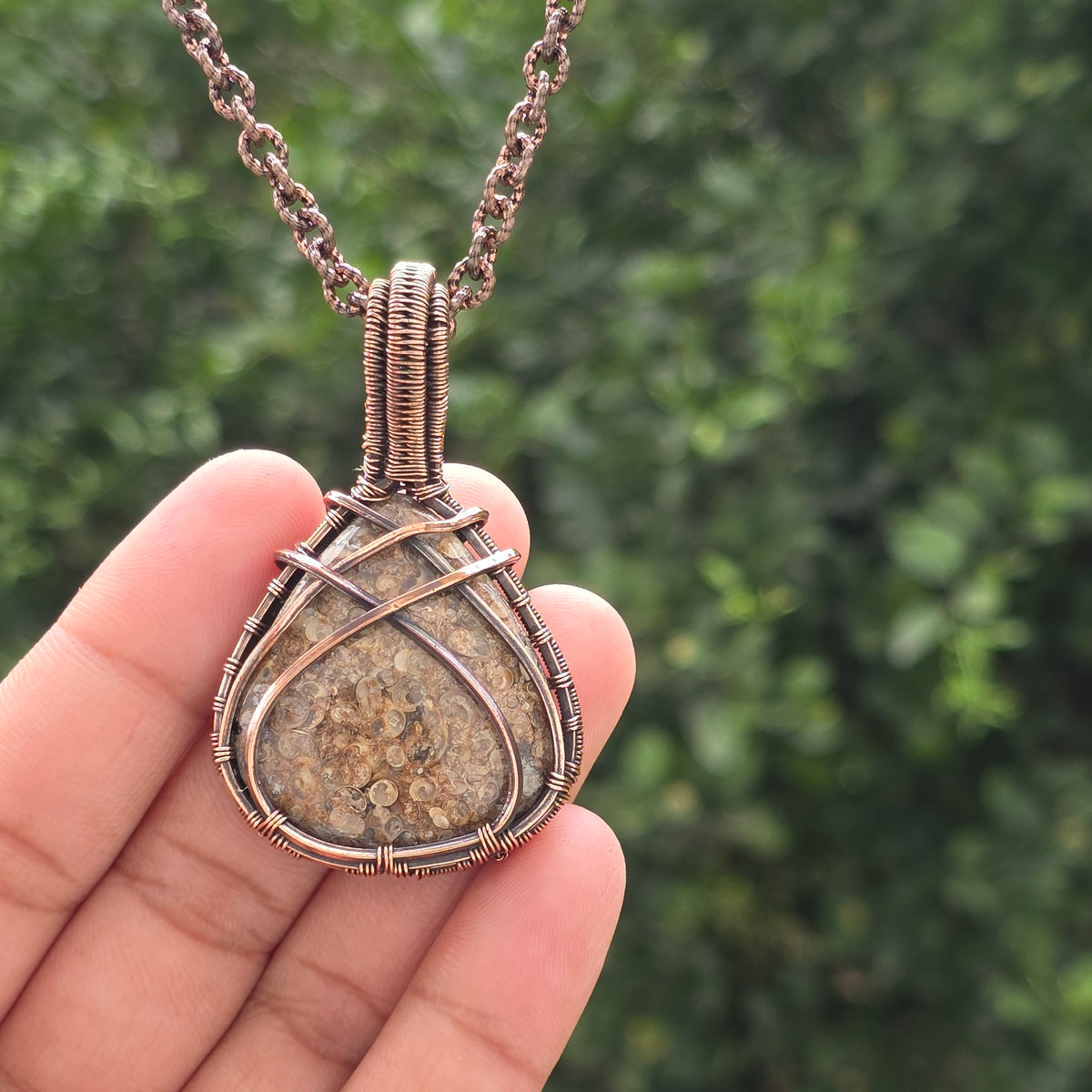 Dinosaur Bone Fossil Gemstone Handmade Copper Wire Wrap Chain Pendant 2.36" Sunkarton