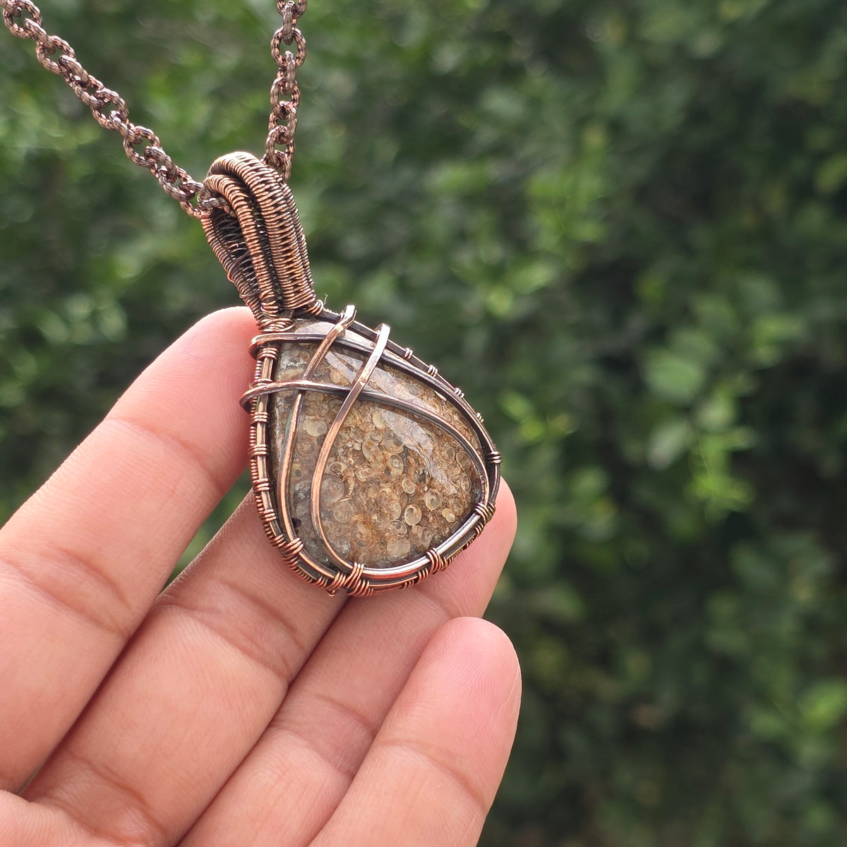 Dinosaur Bone Fossil Gemstone Handmade Copper Wire Wrap Chain Pendant 2.36" Sunkarton