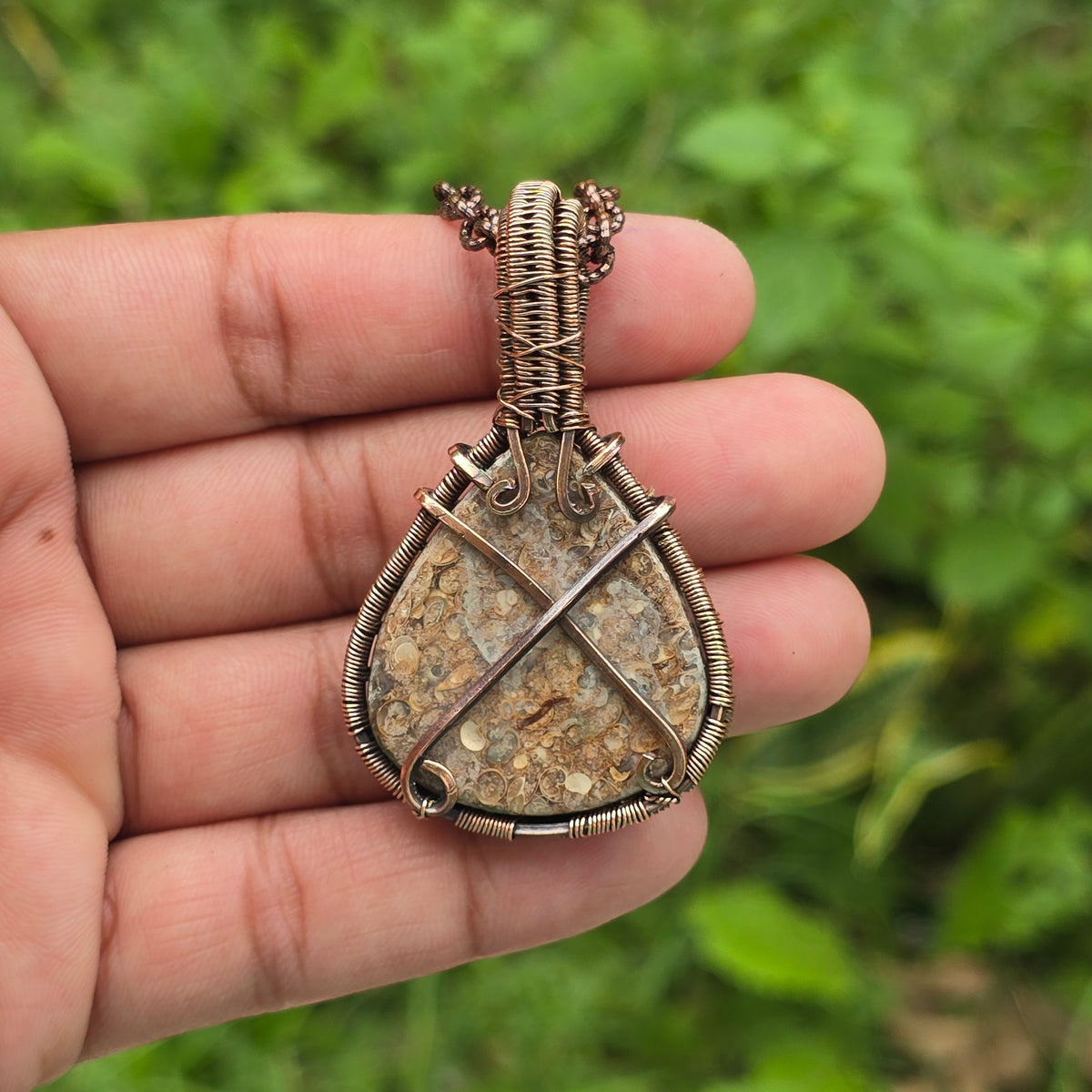 Dinosaur Bone Fossil Gemstone Handmade Copper Wire Wrap Chain Pendant 2.36" Sunkarton