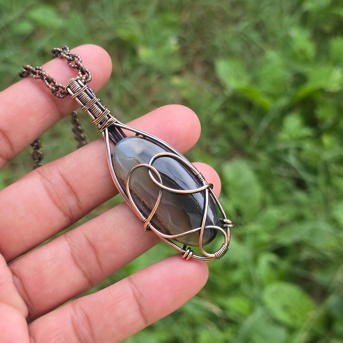 Crazy Lace Agate Gemstone Handmade Copper Wire Wrap Chain Pendant 2.75" Sunkarton