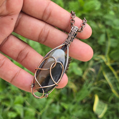 Crazy Lace Agate Gemstone Handmade Copper Wire Wrap Chain Pendant 2.75" Sunkarton