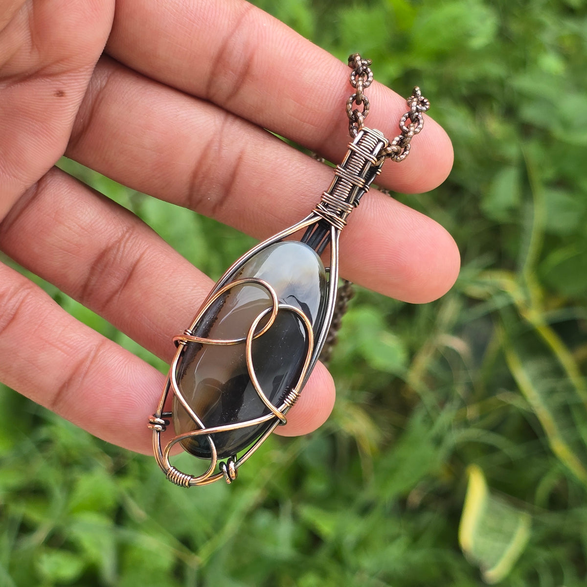Crazy Lace Agate Gemstone Handmade Copper Wire Wrap Chain Pendant 2.75" Sunkarton