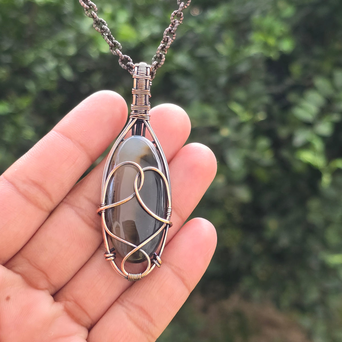 Crazy Lace Agate Gemstone Handmade Copper Wire Wrap Chain Pendant 2.75" Sunkarton